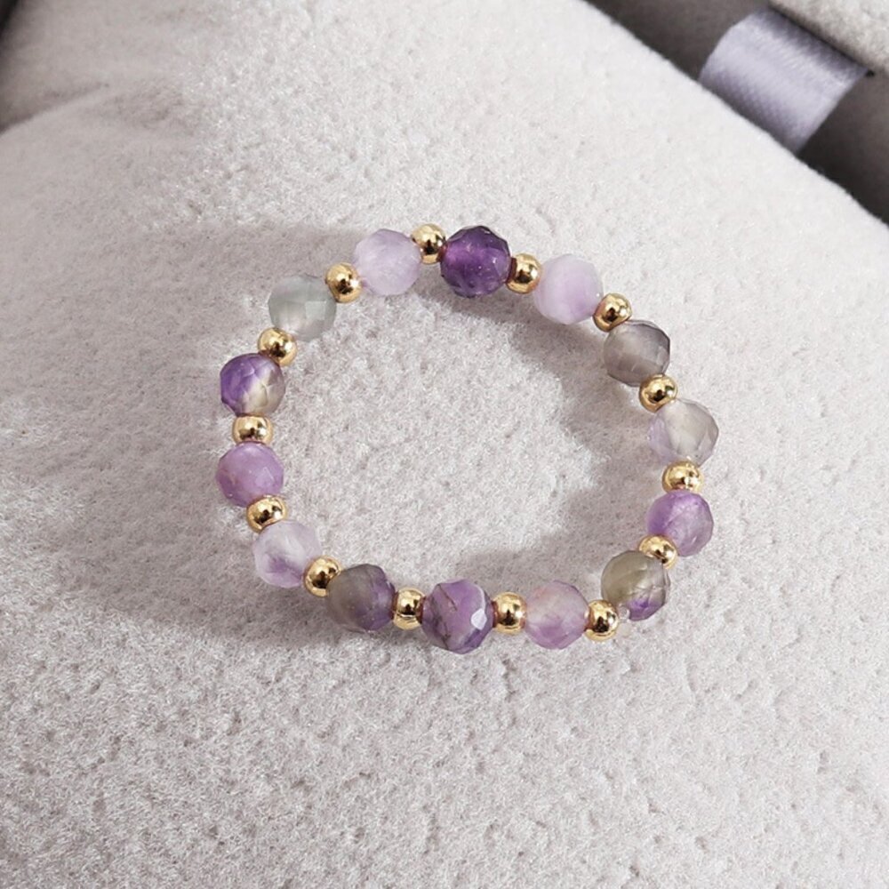 Natural Stone Adjustable Beaded Ring, Purple, White, Orange